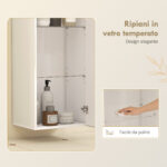 Mobiletto Bagno Pensile con 2 Ripiani in Vetro Regolabili e Anta Senza Maniglia, Bianco Lucido - immagine 6