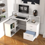 Scrivania Ufficio con 2 Tavoli, 4 Ripiani, 3 Cassetti e Supporto per Monitor, in Legno, 138,5x90x92 cm, Bianco - immagine 9