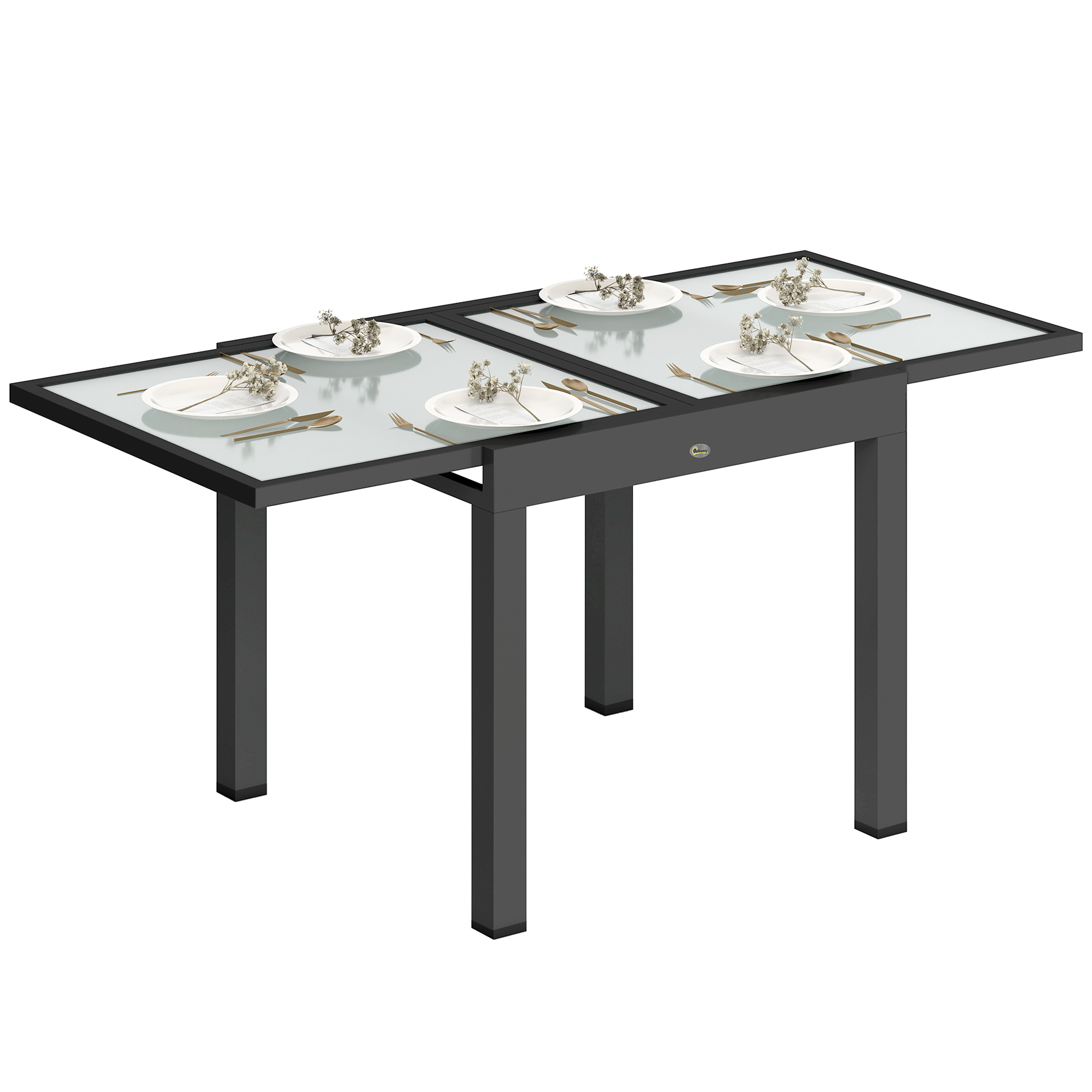dIKee019bd734f2d7.jpg Tavolo da Pranzo Allungabile da Giardino con Piano in Vetro e Alluminio, 80-160x80x75 cm, Nero e Trasparente - immagine 1