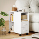 Tavolino con Ruote Minimal con 2 Cassetti, Vano Aperto e Ripiano Regolabile, in Legno, 60x30x65 cm, Bianco - immagine 2