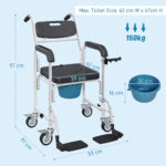 Sedia a Rotelle con WC Impermeabile 4 in 1 con Poggiapiedi Ribaltabili, in Alluminio e Plastica, Nero - immagine 3