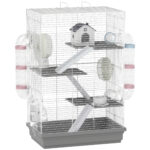 Gabbia per Criceti a 4 Livelli e 16 Tubi con Casetta, Rampa, e Accessori, in Metallo e Plastica, 47x30x70 cm, Grigio