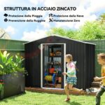 Casetta da Giardino 3,6m² in Acciaio Zincato con Prese d'Aria, Capanno da Giardino con Tetto Inclinato, Doppie Porte Scorrevoli Bloccabili, Capanno Porta Attrezzi, 236x174x190cm, Grigio Scuro - immagine 4