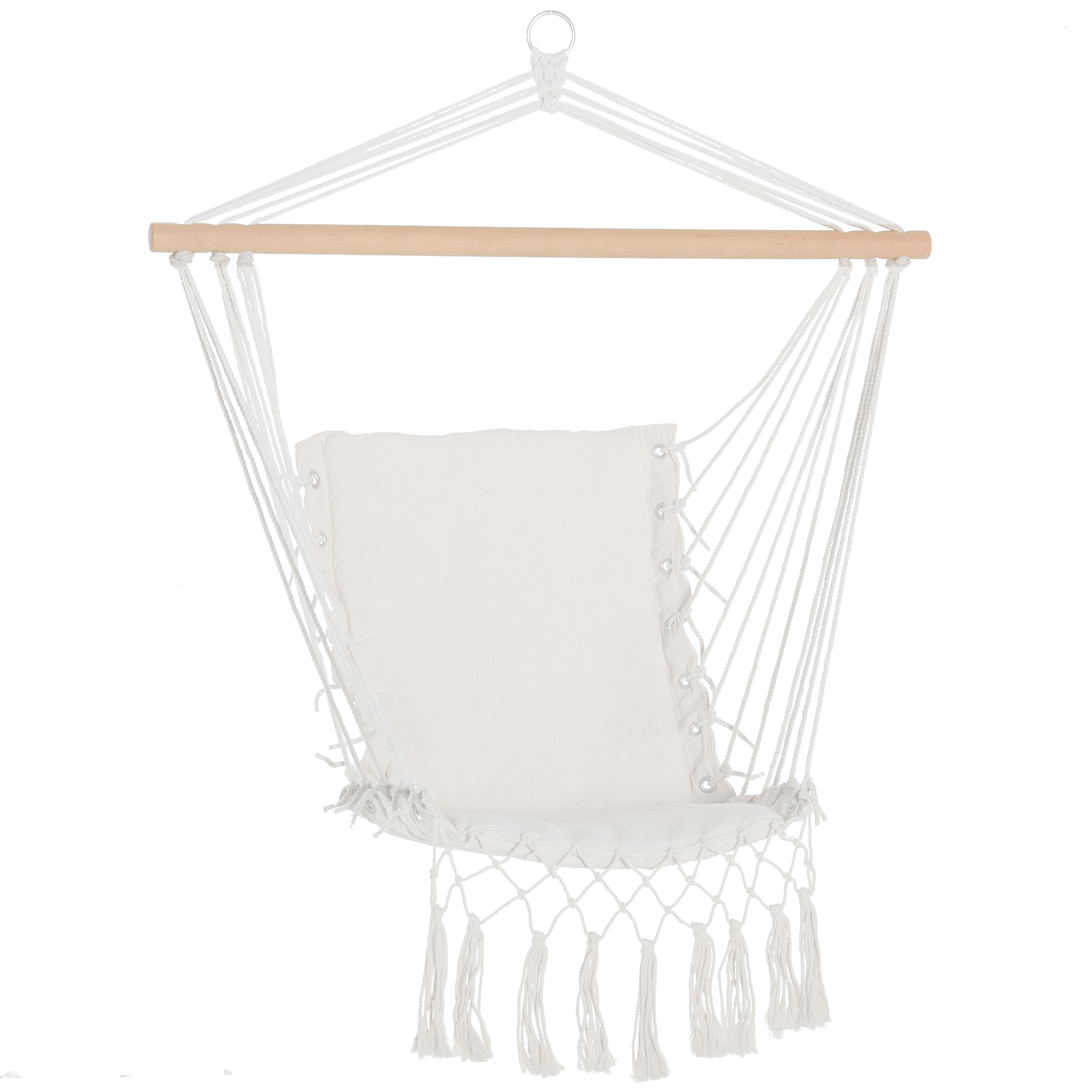 e4Nb3619496c1ce79.jpg Sedia Sospesa a Dondolo da Interno ed Esterno in Tessuto con Nappe, 90x50 cm, Crema - immagine 1