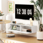 Mobile TV Sospeso per Televisori da 45"-55"-65" con 2 Armadietti e Ante a Ribalta, 140x33x29,8 cm, Bianco - immagine 9