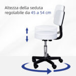 Sgabello Girevole con Schienale, Altezza Regolabile e 5 Ruote in pelle PU Bianca per Casa o Negozio - immagine 7