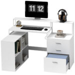 Scrivania Ufficio con 2 Tavoli, 4 Ripiani, 3 Cassetti e Supporto per Monitor, in Legno, 138,5x90x92 cm, Bianco