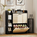 Scarpiera Slim con 2 Cassetti Ribaltabili e 3 Vani Aperti, Capacità 15 Scarpe, 83x24x90,5 cm, Nero - immagine 2