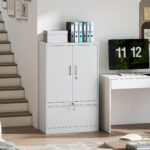 Mobile da Ufficio in Acciaio con Ripiano Interno Regolabile e Cassetto, 80x40x130 cm, Bianco - immagine 2