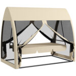Dondolo da Giardino 2 in 1 Convertibile in Letto con Cuscini e Zanzariera, 240x140x197 cm, Caffè