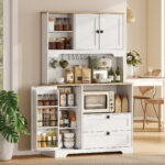 Credenza Cucina con 3 Armadietti, 2 Cassetti, Ripiani Regolabili e Portaspezie, 1x40x62 cm, Bianco - immagine 2