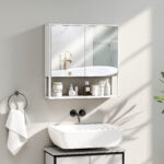 Mobile Bagno a Parete con Specchio, Armadietto con Mensola Regolabile e Ripiano Aperto, 60x16x60 cm, Bianco - immagine 2