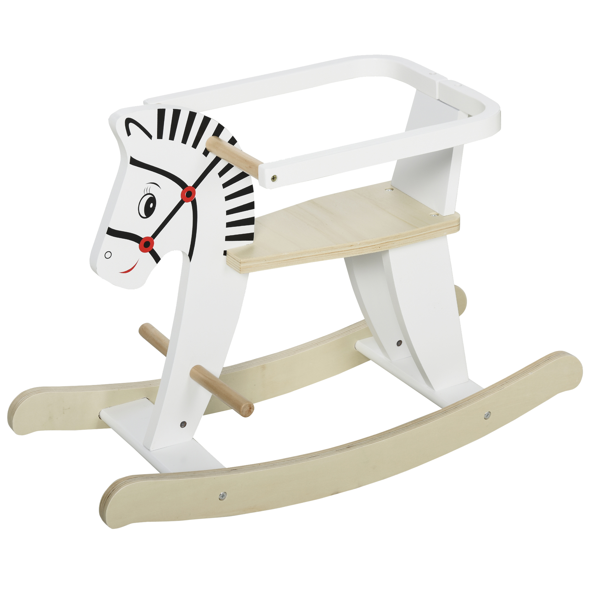 fyb90419496672ffb.jpg Cavallo a Dondolo Classico in Legno per Bambini 1-3 Anni con Bordo, Maniglie e Poggiapiedi, 68x26,5x48cm, Bianco - immagine 1