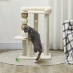 Torre per Gatti con Lettino, Piattaforma e Pallina Giocattolo, in Legno, Peluche e Iuta, 48,5x40x76 cm, Beige - immagine 7