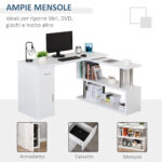 Scrivania Angolare Moderna in Legno con Cassetto, Armadietto e Mensole, Arredamento per Ufficio e Casa, Bianco - immagine 5