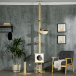 Albero per Gatti in Truciolato ad Altezza Regolabile con Tiragraffi, Casetta, Amaca e Pallina, 40x40x225-285 cm - immagine 2