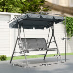 Dondolo da Giardino a 3 Posti in Metallo con Tetto Parasole Rimovibile, 171x108x154 cm, Grigio scuro - immagine 3