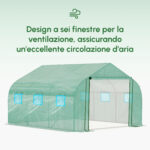 Serra a Tunnel con Copertura PE e Struttura in Acciaio, Porta Avvolgibile e 6 Finestre, 3,5x3x2m, Verde - immagine 9