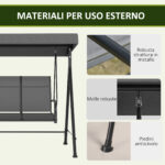 Dondolo da Giardino 3 Posti con Tettuccio Parasole Regolabile, 2x133x176 cm, Grigio Scuro - immagine 7