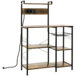 Scaffale Cucina Multipresa per Microonde con Ripiani e Cestino a Rete, 90x42x130cm, Marrone