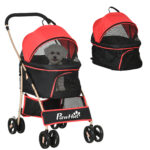 Passeggino per Cani Convertibile con 2 Guinzagli e Cuscino, in Acciaio e Poliestere, 82x49,5x98 cm, Rosso e Nero