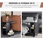 Tavolino da Salotto a C con 2 Ripiani Aperti e 4 Ruote Girevoli, 45x35x58 cm, Nero - immagine 5