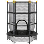 Tappeto Elastico per Bambini con Rete di Sicurezza e Pali Imbottiti Età 3-10 Anni, Ø140 x 190 cm, Nero