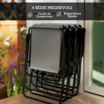 Set da Giardino 6 Pezzi in Acciaio con 4 Sedie Pieghevoli, Ombrellone e Tavolo Rotondo, Grigio e Nero - immagine 5