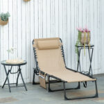 Sdraio da Giardino Pieghevole con Schienale Reclinabile su 5 Posizioni e Cuscino, 185x58x30cm, Beige - immagine 2