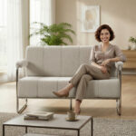 Divano 2 Posti Moderno Rivestito in Ciniglia Beige, in Acciaio, Spugna e Pannello Multistrato, 120x73x76 cm - immagine 8