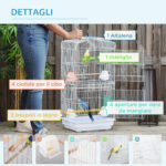 Gabbia per Uccelli Portatile con Maniglia, Vassoio Estraibile e Porte, Voliera per Pappagallini con Posatoi in Legno, Altalena e Ciotole per Cibo, 46,5x35,5x92cm, Bianco - immagine 6