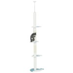 Albero Tiragraffi per Gatti a Soffitto con Palo Regolabile da 225-255 cm, Pallina e Piattaforme, Bianco