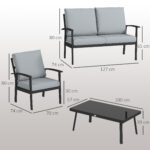 Set da Giardino 4 Pezzi con 2 Poltroncine, Divano 2 Posti e Tavolino, in Alluminio e Fibra, Grigio Carbone - immagine 3