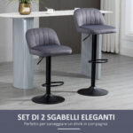 Set 2 Sgabelli Alti da cucina Moderno con Schienale e Poggiapiedi, Girevoli con Altezza Regolabile, imbottitura velluto, Grigio | Aosom Italy - immagine 4