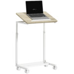 Tavolino da Lavoro Regolabile con Piano Inclinabile e 4 Ruote, in Legno e Metallo, 55x36x62,5-82,5 cm, Bianco e Rovere