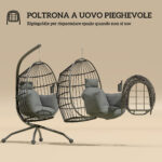 Poltrona Sospesa a Uovo con Gancio Regolabile, 2 Cuscini e Cesto, in Acciaio, 120x88x192 cm, Nero e Grigio - immagine 5
