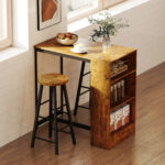 Set da Pranzo con Bancone Bar con 3 Ripiani e 2 Sgabelli Alti con Poggiapiedi Stile Industriale, Marrone - immagine 2
