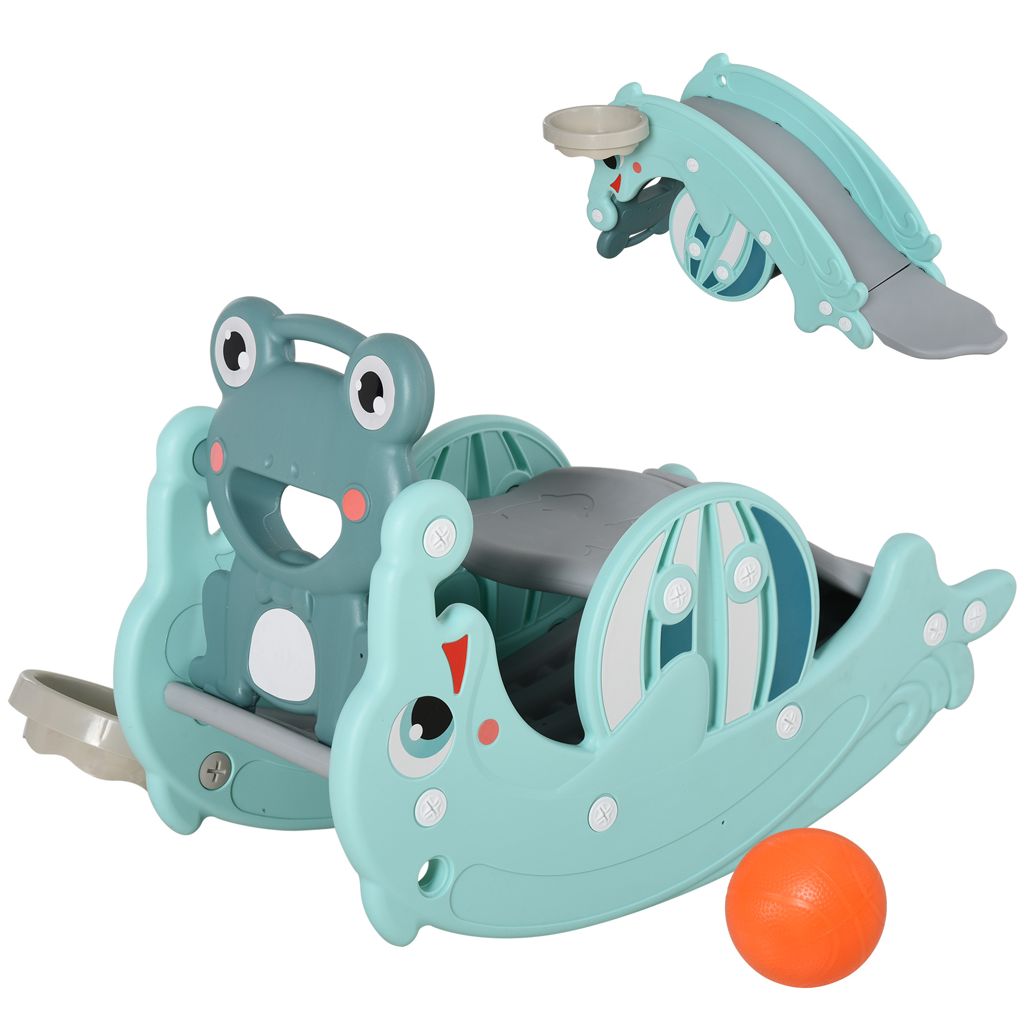 kbW80717f20d67aba.jpg 3-in-1 Cavallo a Dondolo Scivolo per Bambini e Canestro, Età 18-36 mesi, per Casa e Giardino, Verde - immagine 1