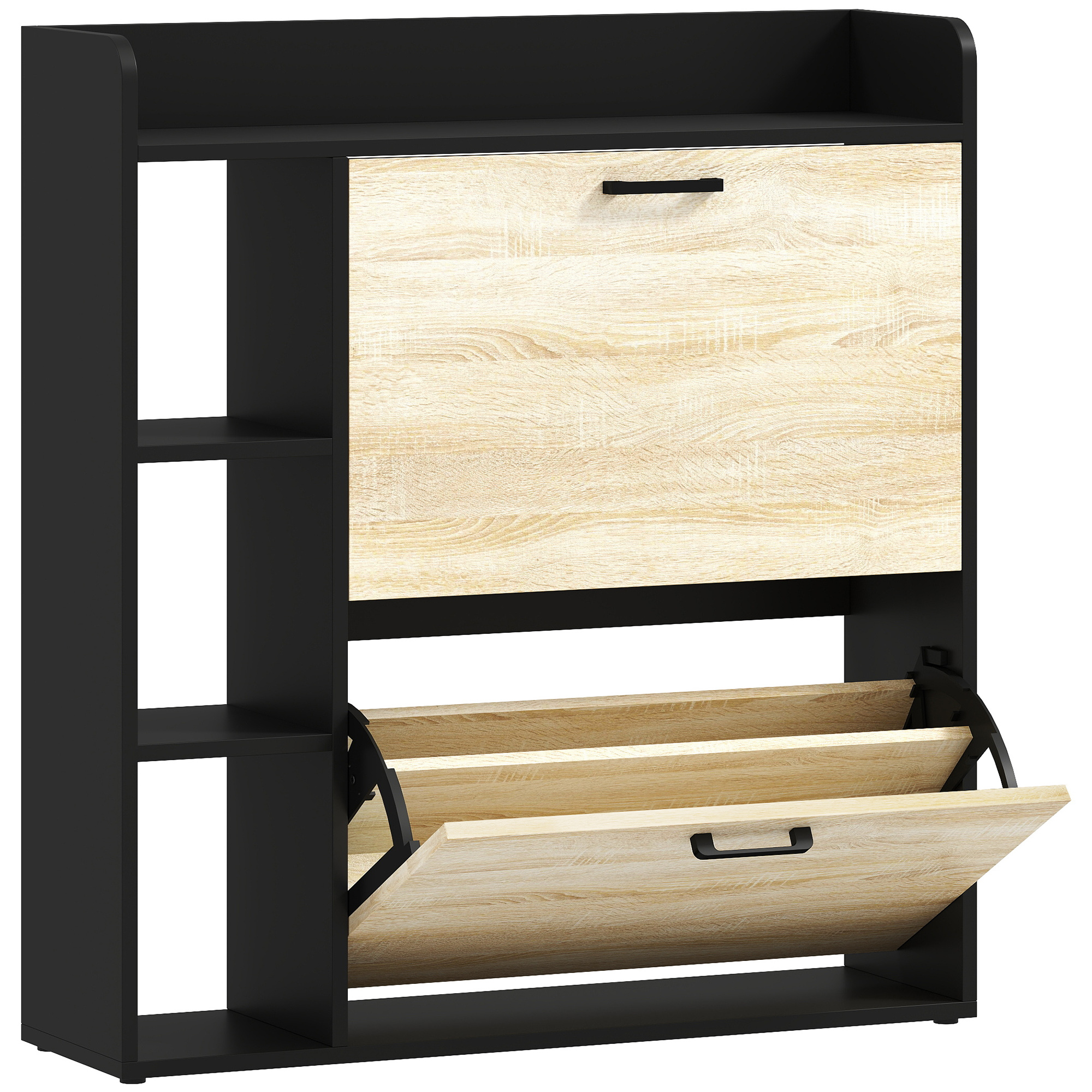 kjs04d19a7bb1c4c1.jpg Scarpiera Slim con 2 Cassetti Ribaltabili e 3 Vani Aperti, Capacità 15 Scarpe, 83x24x90,5 cm, Nero - immagine 1