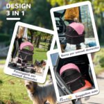 Passeggino per Cani 2 in 1 Pieghevole e Convertibile in Trasportino con 2 Guinzagli e Cuscino, Rosa - immagine 5