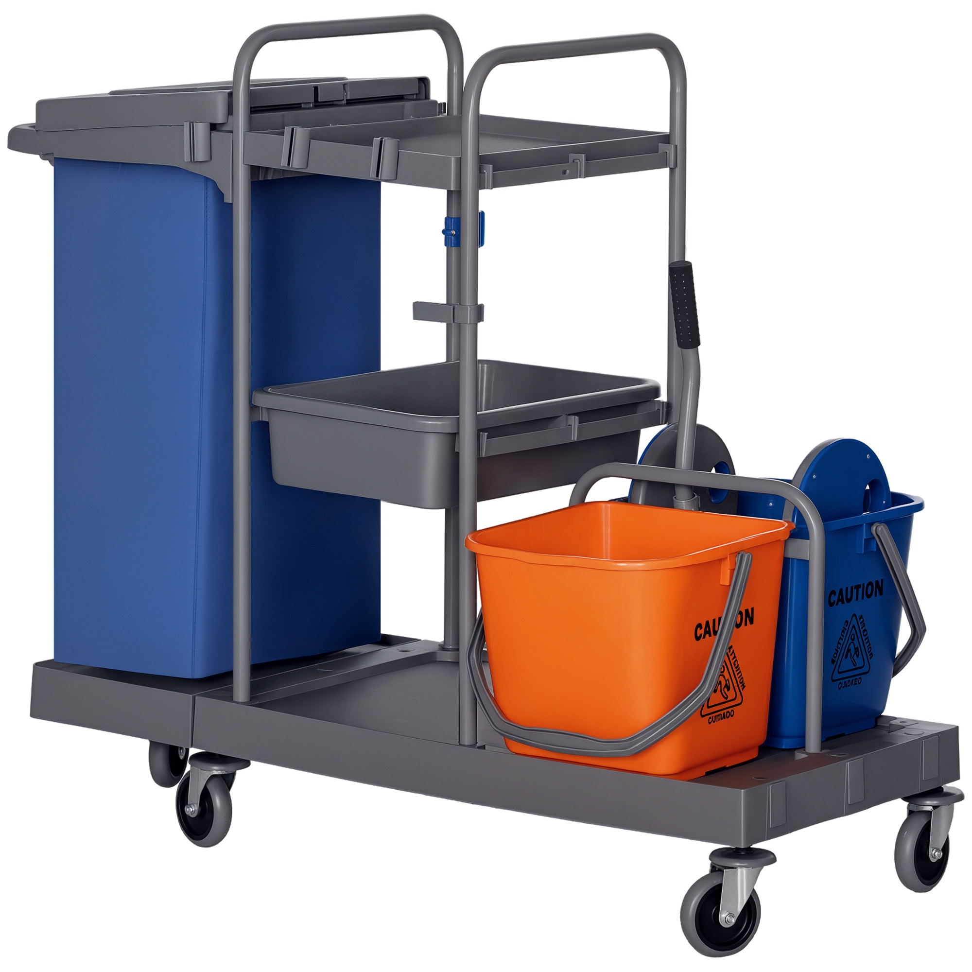 kwq6e4198089a6518.jpg Carrello Pulizie a 3 Ripiani con Sacco per Immondizia e Strizzatore, 111x63,3x103 cm, Grigio Blu e Arancione - immagine 1
