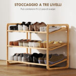 Scaffale Scarpiera a 3 Livelli per 12 Scarpe con Ripiani a Doghe in Bambù, 76x33x50,8 cm, Colore Legno - immagine 5