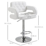 Sgabello Alto Moderno da Bar con Schienale e Braccioli, Regolabile e Girevole, per Cucina o Pub, 64x50x94-114cm, Bianca | Aosom Italy - immagine 3