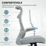 Sedia da Ufficio Ergonomica con Braccioli Regolabili, Schienale a Rete e Poggiatesta, Grigio - immagine 4