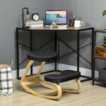 Sedia Inginocchiatoio con Movimento a Dondolo, in Tessuto Effetto Lino e Legno di Betulla, 50x73x55 cm, Nero - immagine 2