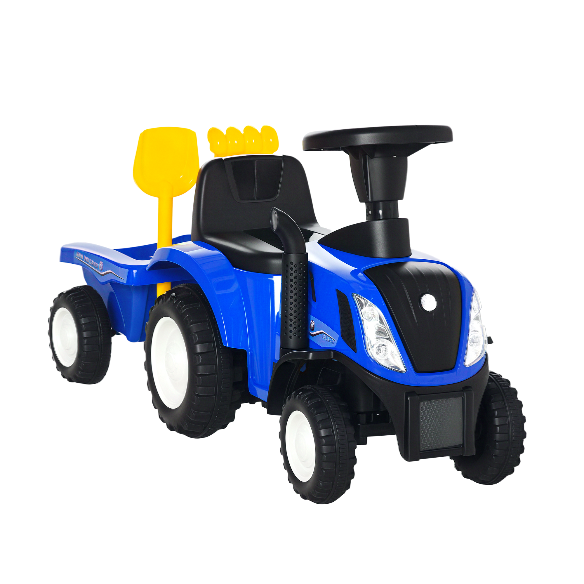laiac3197e58513a1.png Trattore per Bambini Cavalcabile con Rimorchio, Rastrello e Pala, Gioco Educativo per Bimbi 12-36 Mesi, 91x29x44cm, Blu - immagine 1
