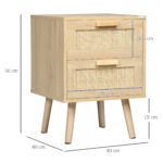 Comodino per Camera da Letto con 2 Cassetti in Stile Boho, 40x40x56cm, Colore Legno Naturale - immagine 3