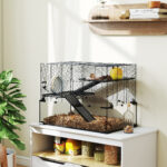 Gabbia per Criceti a 3 Livelli con Base in Vetro Temperato, Ruota e Accessori, 76,5x48,5x54,5 cm, Nero - immagine 8