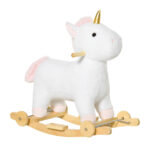 Cavallo a Dondolo per Bambini a Unicorno con Base Curva e Ruote, Cavallo a Dondolo 2 in 1 con Suoni Integrati e Rivestimento Peluche, per Bambini 3-6 Anni, 63x38x63cm, Bianco