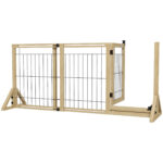 Cancelletto per Cani Estensibile con Porta e 2 Pannelli, Piedini Triangolari, 112-159x70 cm, Legno Naturale